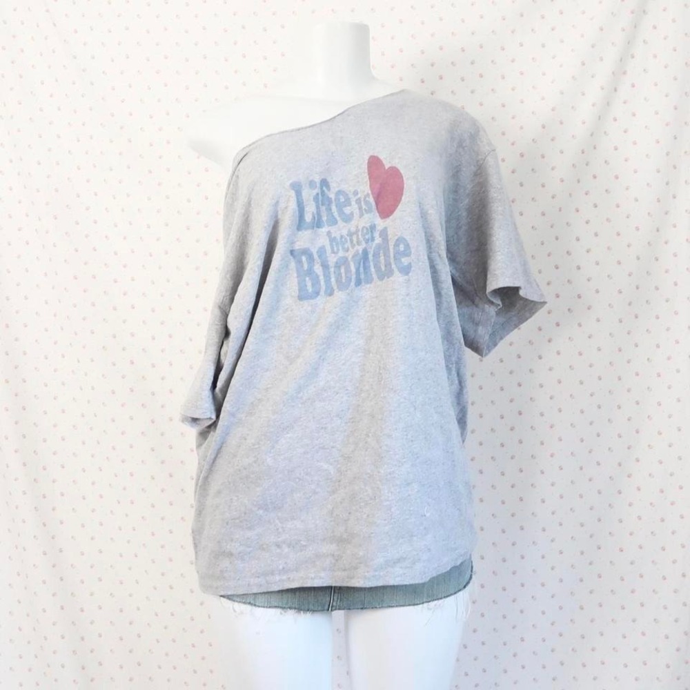 life is better blonde graphic off shoulder tee y2k bimbo saint pink by charlotte